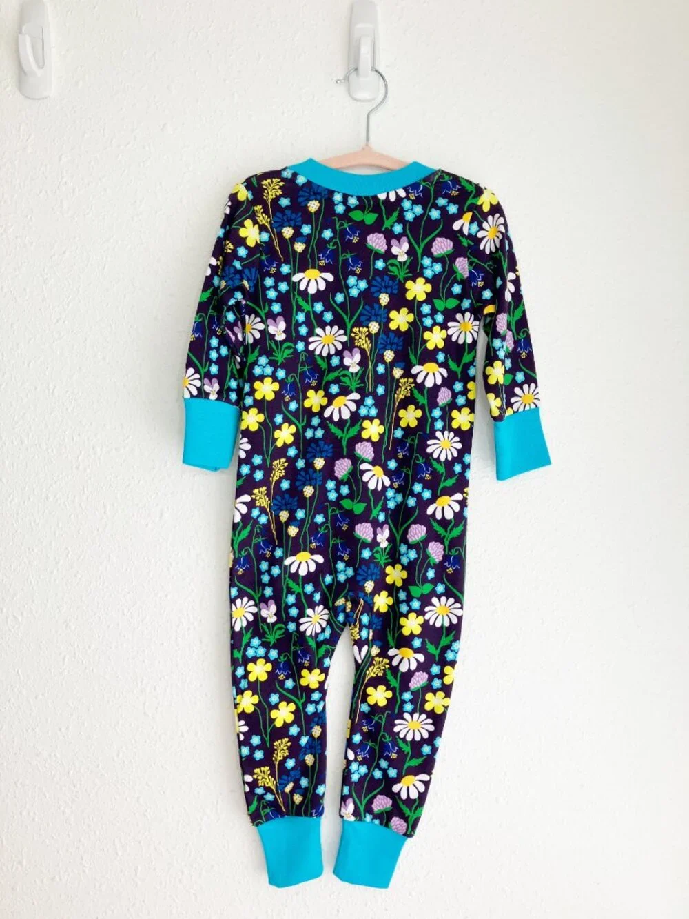 NWT DUNS Sweden zip suit romper floral organic cotton turquoise trim 9-12 months